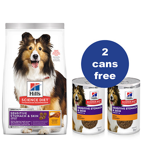 Hill's Science Diet Adult Sensitive Stomach & Skin Dry Dog Food +2 FREE Cans