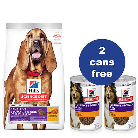 Hill's Science Diet Sensitive Stomach & Skin Adult Large Breed Dry Dog Food 13.6kg +2 FREE Cans