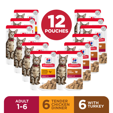 Hill’s Science Diet Adult Poultry Selection Variety Pack (6 Chicken, 6 Turkey) Pouch Cat Food 12x85g